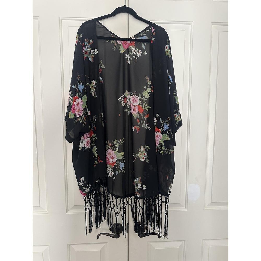 Floral Kimono Cardigan Womens One Size‎ Black Fringe Boho Cover Up Lightweight